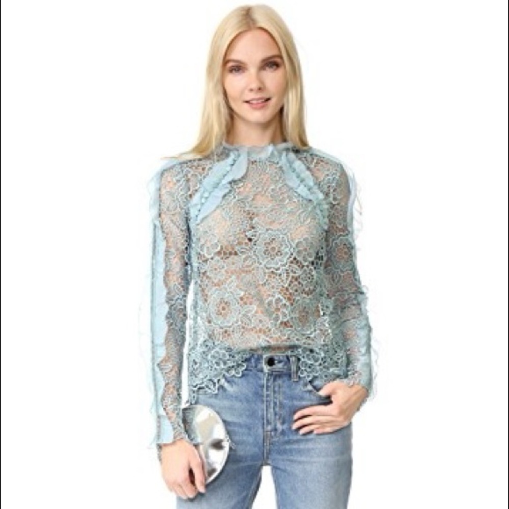 Self Portrait Blue Long Sleeve Lace Top